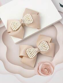 2个/套 心形珍珠蝴蝶结发夹，温柔少女风百搭日常佩戴发饰 - 巧克力棕 - 查看 4