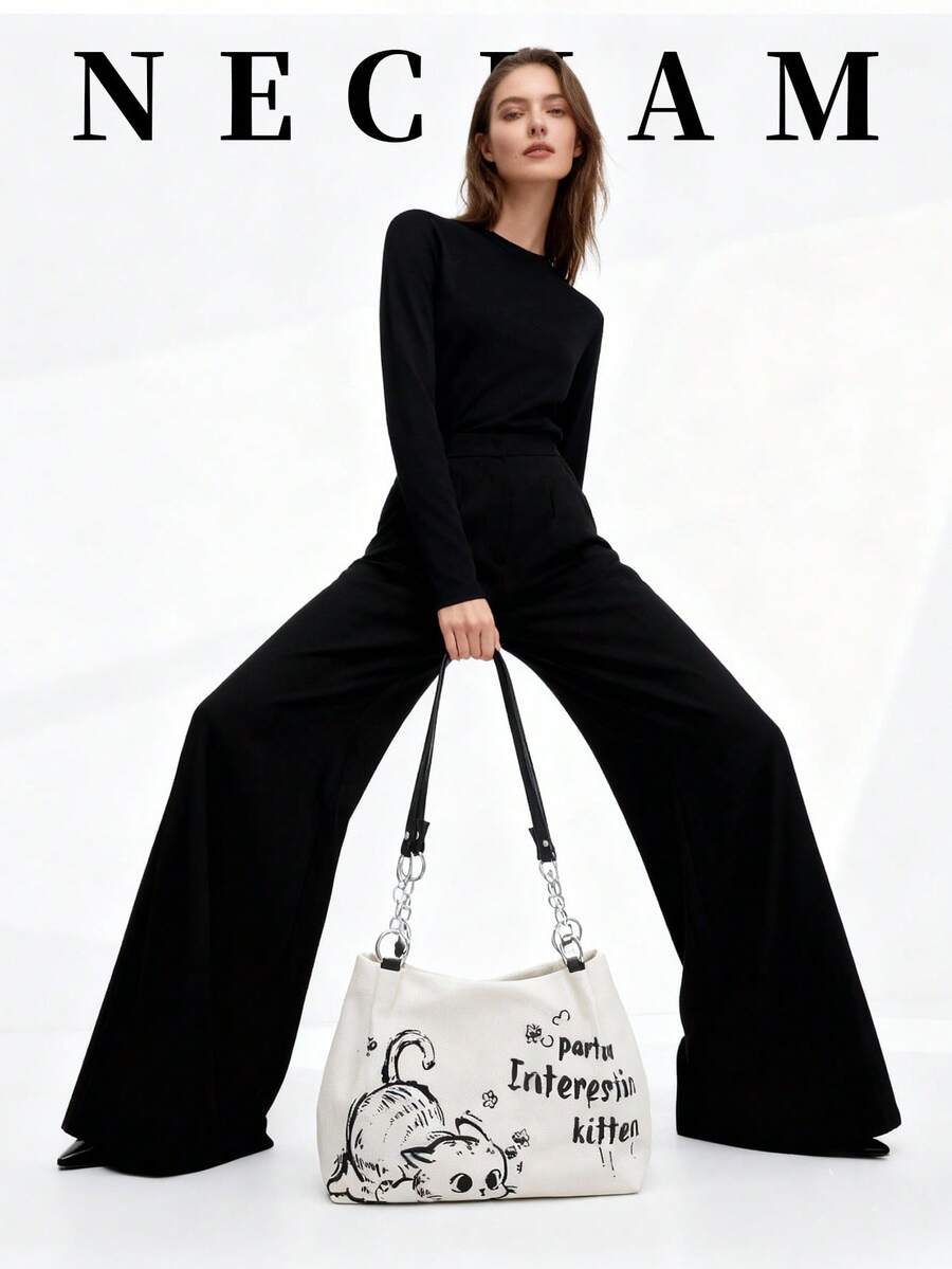 1个可爱猫咪图案手提包，大容量单肩包，女士适用，适合购物、上学、日常使用 - 白色 - 查看 1