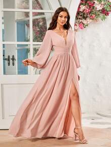 燈籠袖深V領高衩雪紡伴娘連衣裙