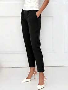 Women's Non-Stretch Polyester Straight Leg Pants With Pockets, Suitable For Spring, Summer, Autumn Daily Wear - Black - View 7