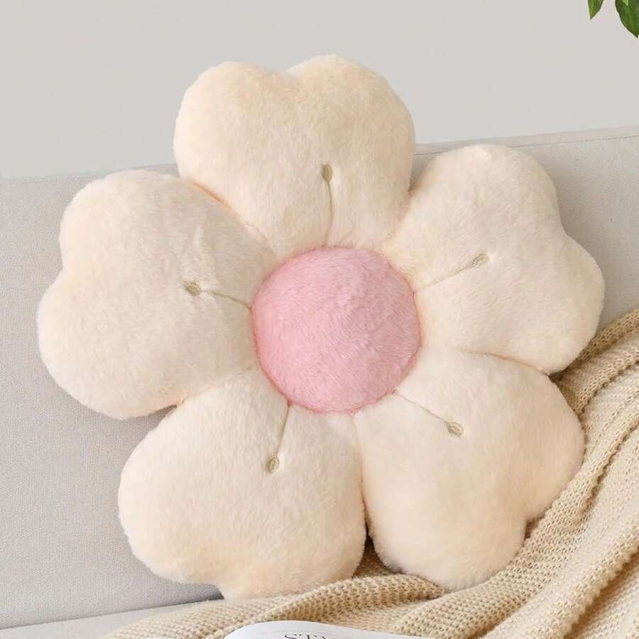 Flower Shaped Pillow, Cute Decorative Throw Pillows With Soft Rabbit Fur For Couch Bed Chair Floor, Christmas Pillow Seating Cushions With Room Décor For Bedroom Living Room(19.6 Inches, Beige),19.6Inches,Beige - 米色 - 查看 1