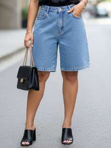 Women's High-Waisted Denim Shorts With Pocket, Butt-Lifting Style, 100% Cotton, Simple Denim, Button, Zipper, Pocket, Home, Daily, Beach - 中等大理石紋 - 查看 2