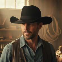 Sombreros Fedora de ala ancha estilo vaquero occidental para hombres y mujeres, estilo retro, con lazo y cinta. - Negro - Ver 2