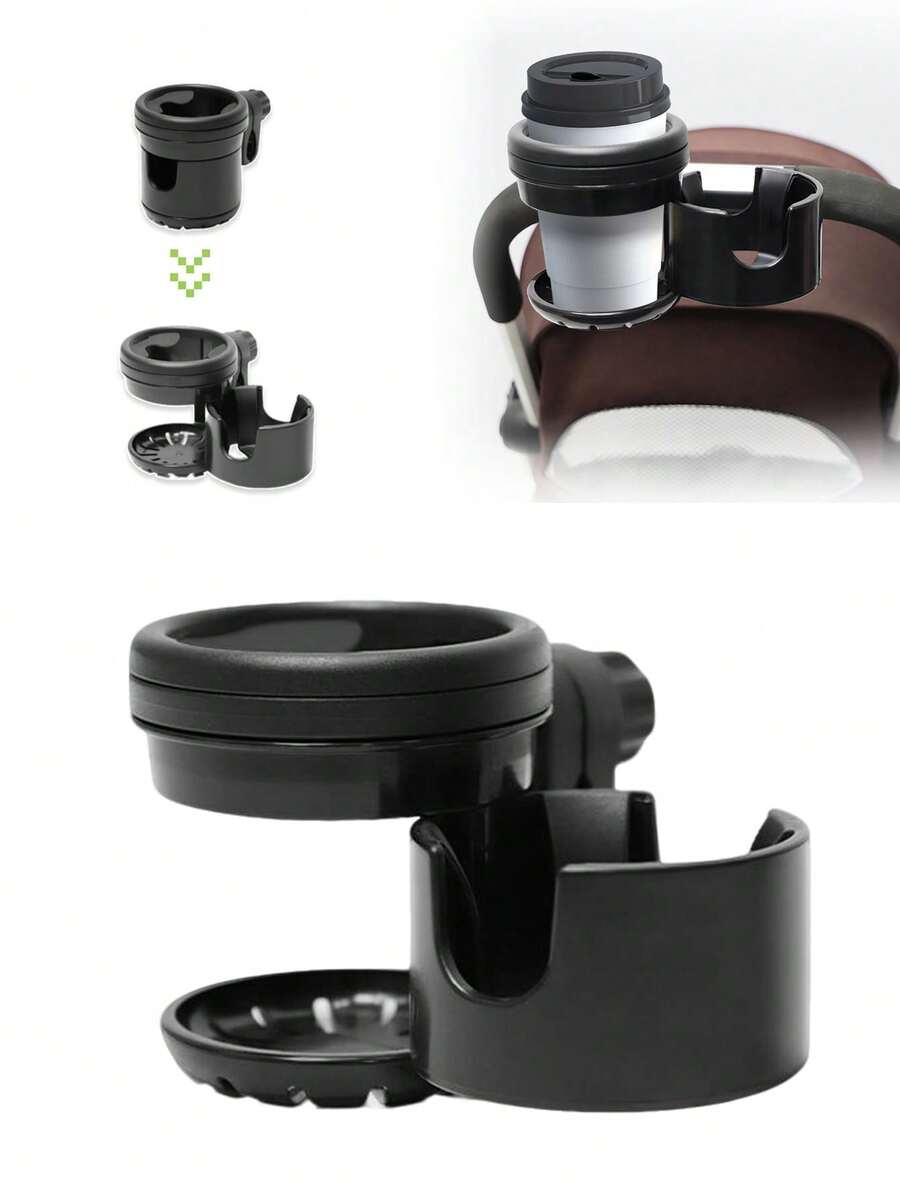 1个二合一旋转杯架，安全座椅杯架，电动自行车水壶双杯架，婴儿推车杯架 - 黑色 - 查看 1