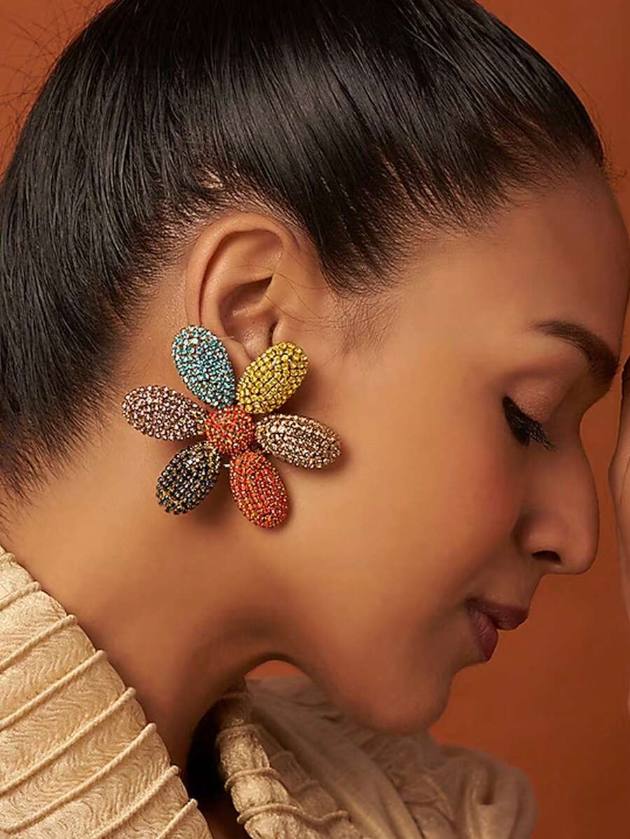 2pcs Colorblock Floral Earrings, Elegant Rhinestone Earrings For Women - Silver - View 1