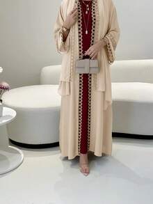 Abayas For Women,Open Abaya Set With Lace Trim, Sleeveless Inner Dress & Chiffon Headscarf - Lightweight, Modest & Breathable For Spring/Summer - 杏色 - 查看 5