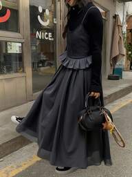 DAZY Vestido casual largo con parches de malla y volantes sin mangas para mujer