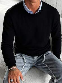 GRDR Autumn/Winter New Men's Solid Color Crew Neck Pullover Sweater, Casual Daily Wear - Black - View 3
