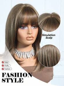 18英寸优雅棕色长卷发假发，带挑染和刘海 - 深色发根至浅色发尾，合成纤维材质，适合女性日常、派对、节日、旅行、万圣节、圣诞节、新年、狂欢节、音乐节、角色扮演等各种场合，是送给女孩的理想礼物，也是夏季毕业季的完美礼物，现成的礼物之选，万圣节圣诞节礼物。 - 棕色 - 查看 9