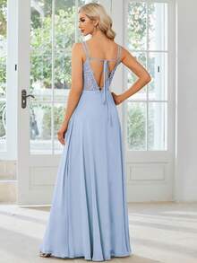 Elegant Chiffon Backless Floral Embroidered Light Blue Bridesmaid Dress, Suitable For Spring/Summer Wedding, Party, Wedding Guest, Ball, Beach Holiday - Baby Blue - View 3