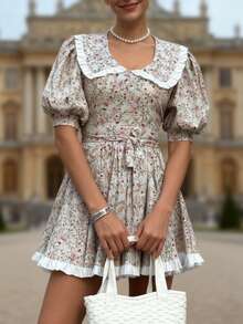 秋夏女装时尚优雅浪漫商务休闲度假简约日常休闲花卉设计袖口纽扣设计荷叶边系带腰带泡泡袖娃娃领圆领连衣裙，飘逸连衣裙，基本款连衣裙，女士外出服，女士教师服，开学服，返校服