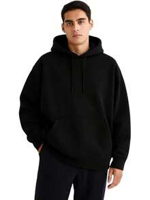 Men Oversized Pullover Drop Shoulder Hoodie Heavyweight CVC Fleece Kangaroo Pocket Relaxed Fit Sweatshirt Blanks - 黑色 - 查看 11
