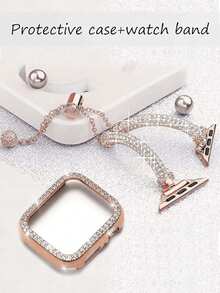 2件套：闪亮表带+保护壳，优雅女士玫瑰金闪亮奢华水晶钻石PC表框，镶嵌两排水晶钻石的保护壳，以及全水晶钻石圆柱形可调节表带，兼容 Ultra 3/2/1 SE/S11/10/S9/S8/S7/S6/S5/S4/S3系列，38mm、40mm、41mm、42mm、44mm、45mm、49mm、46mm智能手表配件，男女朋友约会礼物 - 玫瑰金 - 查看 3