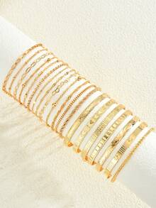 20pcs Fashionable, Minimalist, Elegant, Delicate, Retro Design Sense, Cute Geometric, Heart, Lock Chain, Round Bead, Sunface, Embossed Texture, Braided Face, Box Chain, Metal Style Bracelet Set, Suitable For Holiday, Party, Date, Gift, Daily Wear - Yellow Gold - View 6