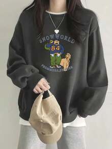 女士休闲宽松卡通印花圆领卫衣，适合秋冬季穿着 - 深灰 - 查看 1