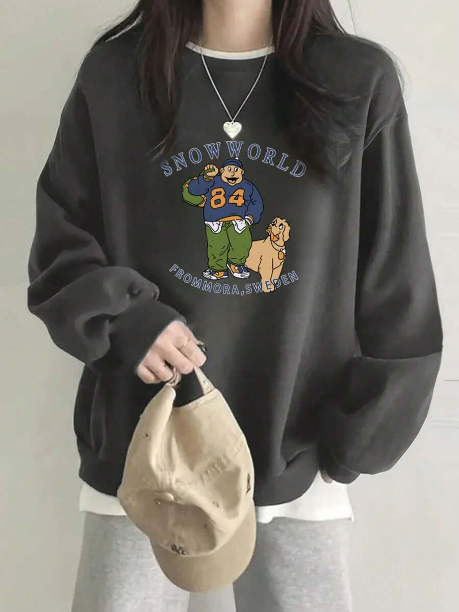 女士休闲宽松卡通印花圆领卫衣，适合秋冬季穿着 - 深灰 - 查看 1