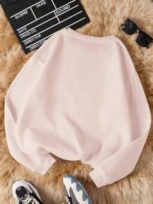 女士复古卡通印花卫衣，宽松保暖，纯棉落肩设计，厚实面料，适合秋冬季节，内里保暖抓绒，宽松圆领休闲百搭，适合寒冷天气穿着。大码尺码 - 淺粉 - 查看 2