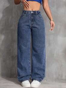 Women's Wide Leg Jeans, High-Rise, 100% Premium Cotton, Wide Leg, Marbled Blogger - 大理石紋 - 查看 1