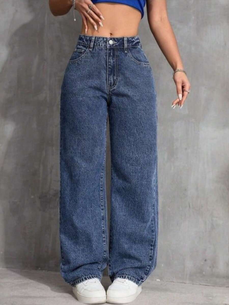 Women's Wide Leg Jeans, High-Rise, 100% Premium Cotton, Wide Leg, Marbled Blogger - 大理石紋 - 查看 1