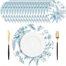 D50 PCS Blue Floral Paper Placemats Round Paper Placemats Disposable 13.5 Inch Placemat Chinoiserie Place Mats For Birthday Wedding Party Plies Banquet Table Settings - 藍色 - 查看 1