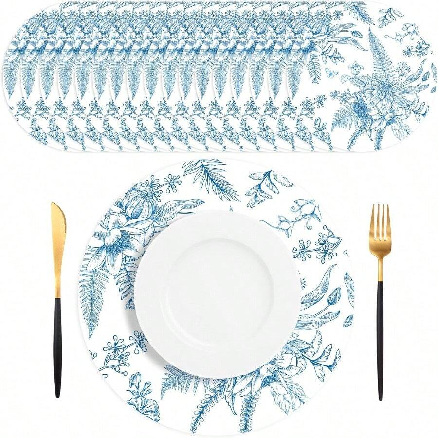 D50 PCS Blue Floral Paper Placemats Round Paper Placemats Disposable 13.5 Inch Placemat Chinoiserie Place Mats For Birthday Wedding Party Plies Banquet Table Settings - 藍色 - 查看 1