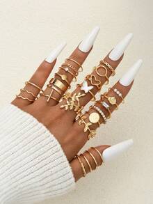 48/24pcs Women's Vintage Fashion Elegant Gold-Tone Ring Set, Includes Leaf, Heart, Snake, Butterfly, Square Rings, Suitable For Daily Wear, Parties, Weddings, Stackable Rings, Great Gift For Women - Yellow Gold - View 8