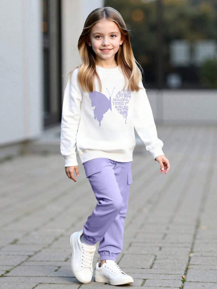 2pcs/Set Tween GirlsSpring/Autumn Long Sleeve Sweatshirt & Cargo Pants Set, Butterfly & Letter Print, Casual, Comfortable, Fashion - Mauve Purple - View 1