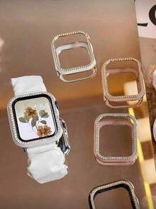 1PC White Shiny Rhinestone Decor Hollowed Out Case Flashing Anti-Fall Laser Engraving Bumper Cover, For Apple Watch Case 40/41/42/44/45/46/49MM, For Apple Watch Series Ultra/SE/10/9/8/7/6/5/4, Intelligent Watch Case Accessories - Hollow White + Gold - View 5