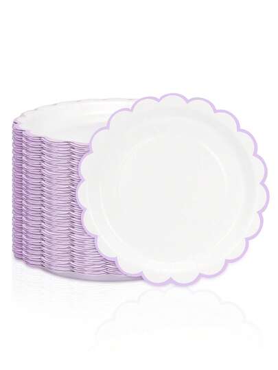 10pcs/20pcs/50pcs White And Purple Paper Plates 7 Inch 9 Inch White Plates With Purple Trim Cute White Scalloped Paper Plate Disposable Lavender Floral Shaped Dinner Plates Dessert Party Plates For Wedding Bridal Shower Birthday Graduation New Year Party Supplies Decor