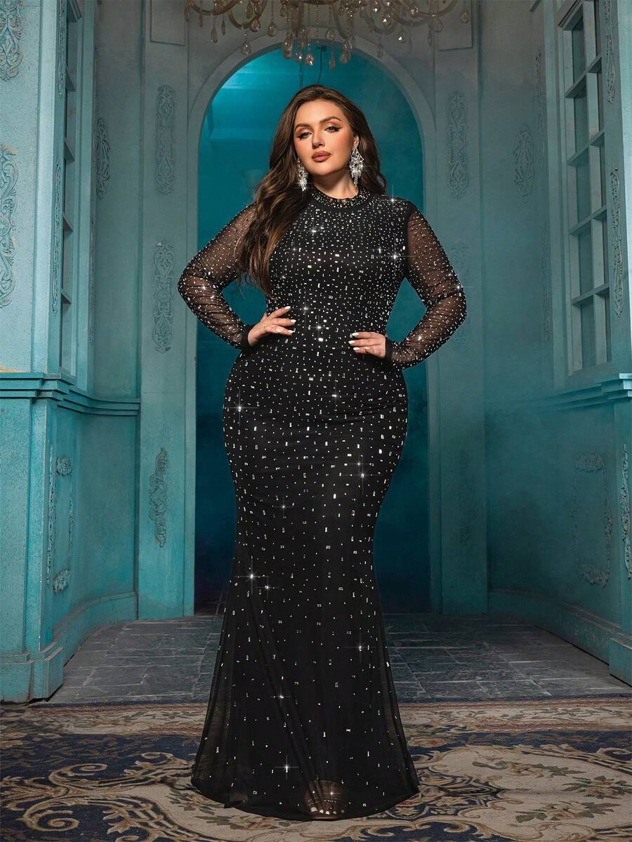 Damen Große Größen Glitzernde Strass-Abendkleider Mesh Meerjungfrau Brautjungfer Hochzeitsgast Cocktailparty Maxikleider Gala Abschlussball Herbst - Schwarz - Übersicht 1