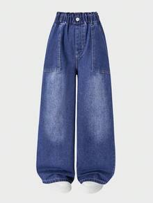 Girls' Casual Ruffled Wide Leg Jeans, Suitable For All Seasons - Blue - View 1