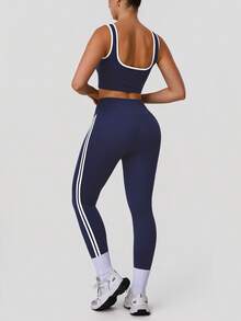 Sodalemon Women Athletic Contrast Color Gym Set Backless Elastic Training Sport Bra Butt Lifting Casual Outdoor Tight Yoga Leggings Gym Fitness 2 PCS Sport Sets - Navy Blue - View 9