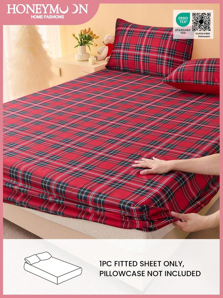 1 pieza Sábana ajustable impresa con cuadros rojos navideños, se ajusta fácilmente a colchones de 9 a 12 pulgadas, suave, sin arrugas, transpirable y cómoda, para camas de todos los tamaños, lavable a máquina. Sábana ajustable decorativa y elegante para el dormitorio o la residencia, certificada Oeko-Tex