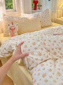 4pcs Reversible Bedding Set, Soft & Comfortable Bedroom Linens, Cute Floral Plaid Pattern, Breathable & Soft All Season Bed Set Including 1 Duvet Cover, 1 Flat Sheet, 2 Pillow Shams, No Filling, Suitable For Bedroom, Dorm, Home Use, Multiple Sizes Available - 黃色 - 查看 1