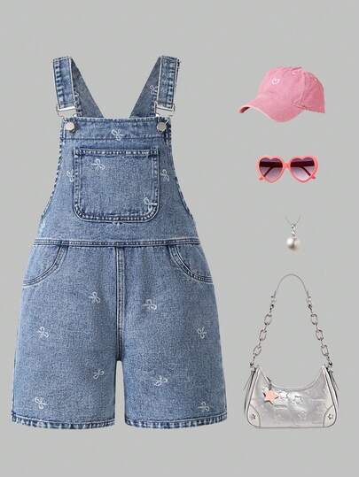 1件装 女童户外休闲运动宽松轻便修身可爱复古雪花图案牛仔背带裤，适合青少年