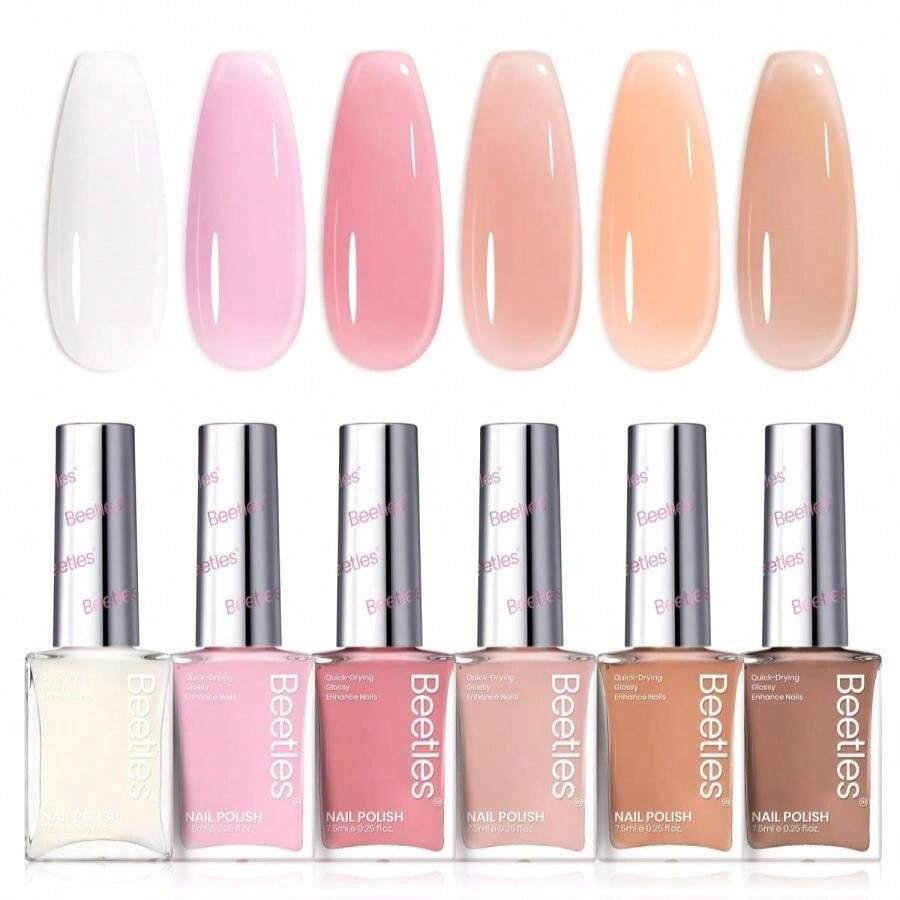 Beetles Jelly Nail Polish Set,6 Colors Pink Nude Jelly Quick Dry Nail Polish Fingernail Fast Drying &Amp; Long Lasting Nail Strengthener Polish Gifts For Women - Màu Hồng baby - Xem 1