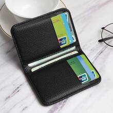 Billetera pequeña de unicolor para hombres, con ventana de identificación y pliegue doble. Ideal como regalo para hombres, cartera juvenil de negocios con múltiples ranuras para tarjetas. Billetera de crédito ultra delgada y portátil, adecuada para estudiantes universitarios masculinos, trabajo, negocios, viajes al trabajo, oficina. - negro - Ver 4