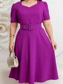 Vestido Moda Evangélica Jacquard com Relevo Saia Rodada Godê Manga Curta com Cinto - Novo Modelo - Roxo - Visão 10