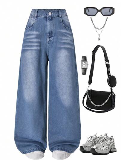 Tween Girl Y2K Vintage Washed High Waist Distressed Loose Skinny Jeans, Autumn/Winter Streetwear Back To School