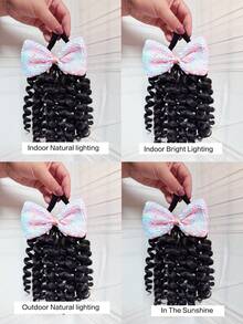 1个8英寸儿童深波浪马尾辫，带闪亮蝴蝶结发夹，可打造蓬松卷曲的非洲风情，适合女孩。 - 自然黑 - 查看 8