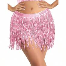AWYYBFONS Sequin Tassel Skirt Belly Dance Hip Scarf Wrap Sparkly Tinsel Fringe Skirt Rave Festival Halloween For Women - 粉色 - 查看 1
