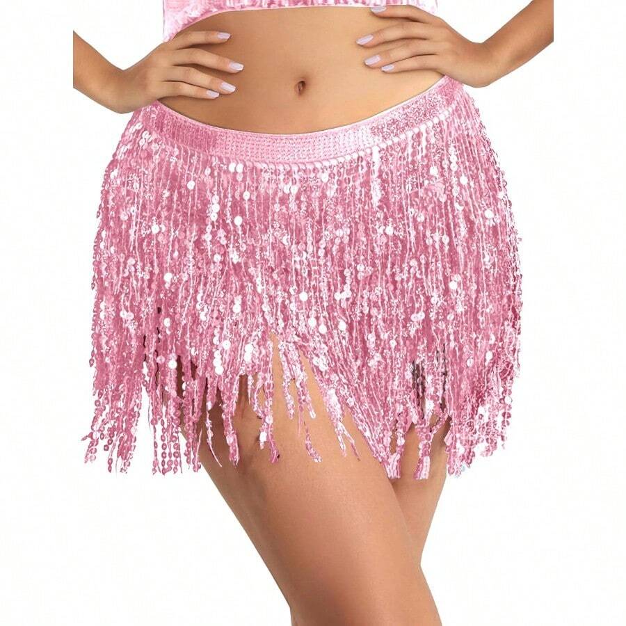 AWYYBFONS Sequin Tassel Skirt Belly Dance Hip Scarf Wrap Sparkly Tinsel Fringe Skirt Rave Festival Halloween For Women - 粉色 - 查看 1