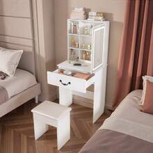Small Makeup Vanity Desk With Mirror And Lights, Girls Vanity Table Set With Large Drawer, Chair And 3 Open Shelves, Compact Vanity Table For Small Space, A Pull-Out Mirror Provides More Private Storage Space, White, Christmas Gifts - View 1