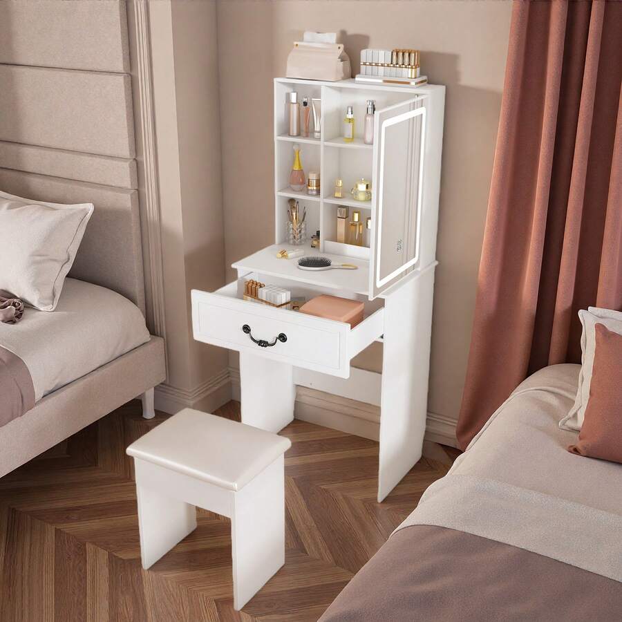 Small Makeup Vanity Desk With Mirror And Lights, Girls Vanity Table Set With Large Drawer, Chair And 3 Open Shelves, Compact Vanity Table For Small Space, A Pull-Out Mirror Provides More Private Storage Space, White, Christmas Gifts - View 1