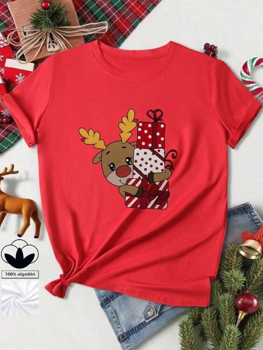 Camiseta casual de mujer con estampado de renos navideños, cómoda camiseta de cuello redondo de manga corta, adecuada para usar en primavera y verano, fiestas navideñas y atuendos de invierno, adecuada para cualquier ocasión, color sólido, estilo casual, fiesta de Navidad, reunión familiar, uso diario. - Rojo - Ver 1