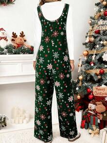 (No T - Shirt Included) Women's Regular Size Christmas Snowflake Print Strappy Jumpsuit With Pockets, Casual Wide Leg Holiday Overalls,Fashion Christmas Outfit For Women,Christmas Jumpsuit For Casual Daily Wear ,Fashion Christmas Clothes ,Casual Fall Women Clothes - Green - View 4