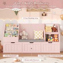 Toy Storage Unit, Toy Organiser Bookshelf, With Storage Bench And 3 Drawers On Wheels, 140x39.5x80cm - Pink - View 8