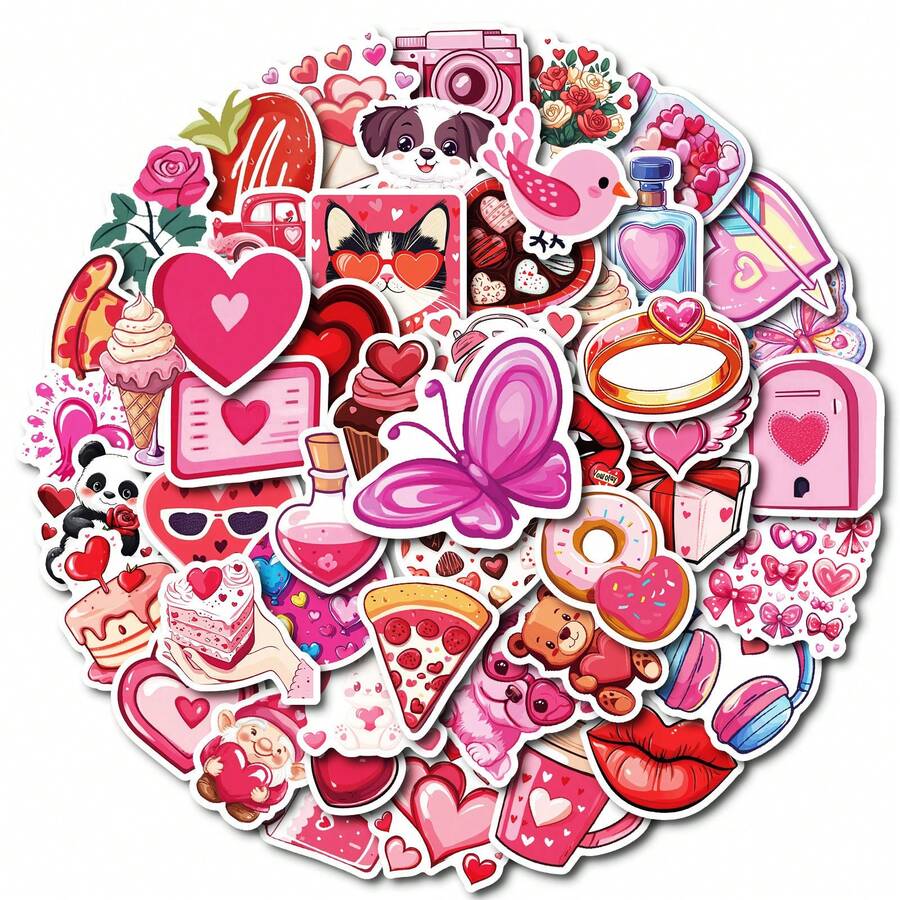 50张情人节爱心贴纸，卡通爱情贴纸，情人节礼物，爱心贴纸，粉色贴纸，适用于笔记本电脑、保险杠、滑板、水瓶、电脑、手机
