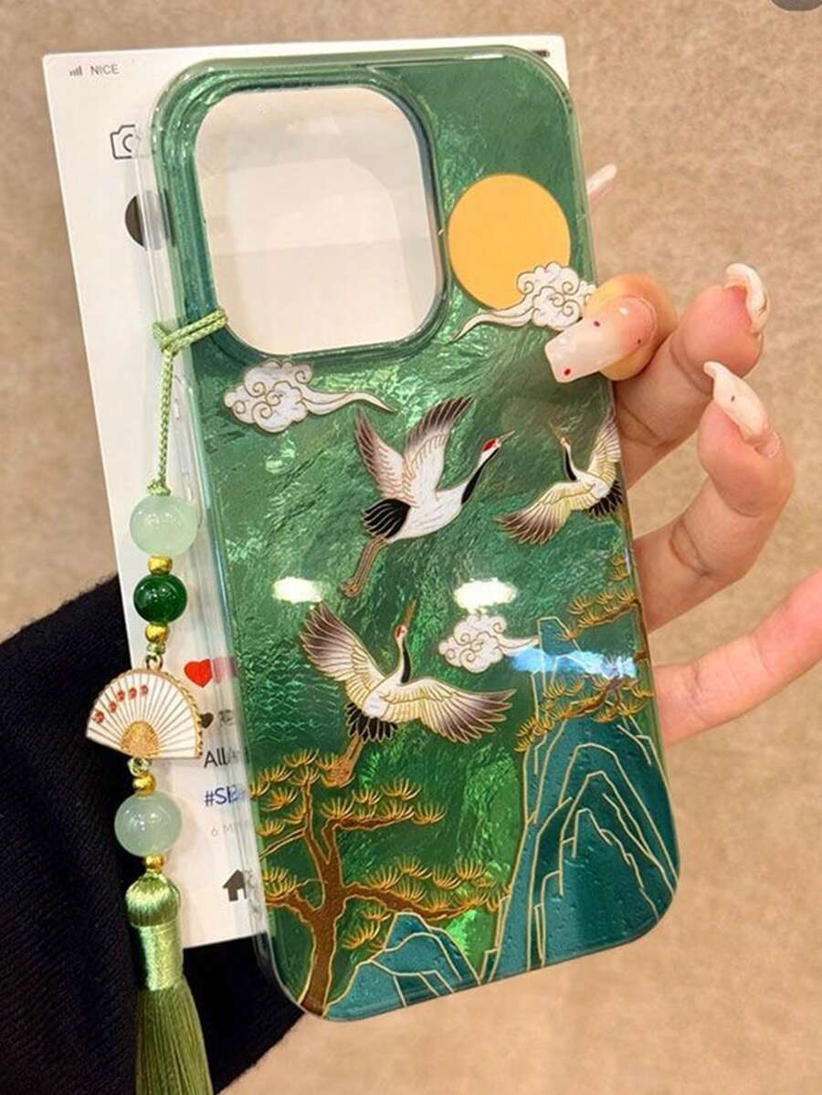 中国风仙鹤画流苏吊坠，优雅新款锡箔羽毛软手机壳，兼容 16/ 15、 15 Pro Max、苹果 P13、P14 手机女款软防摔 XS XR/7 8P 78GES2 16/ 15/ XR / 16 Pro Max/7P8P/P12 Pro Max/P13 Pro Max/P14 Pro Max /P13/P14/P11/P12/P14 女款软防摔 XS/S/XS Max/78GES 手机壳保护套防水防震防刮 - 粉色 - 查看 1