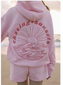 2025Hawaii Hibiscus Letter Print Embroidered Loose Sweatshirt Women's Drop Shoulder Sleeve Ribbed Hoodie Printlong Sleeve Tops,Tops,Hoodies - 粉紅日落 - 查看 12